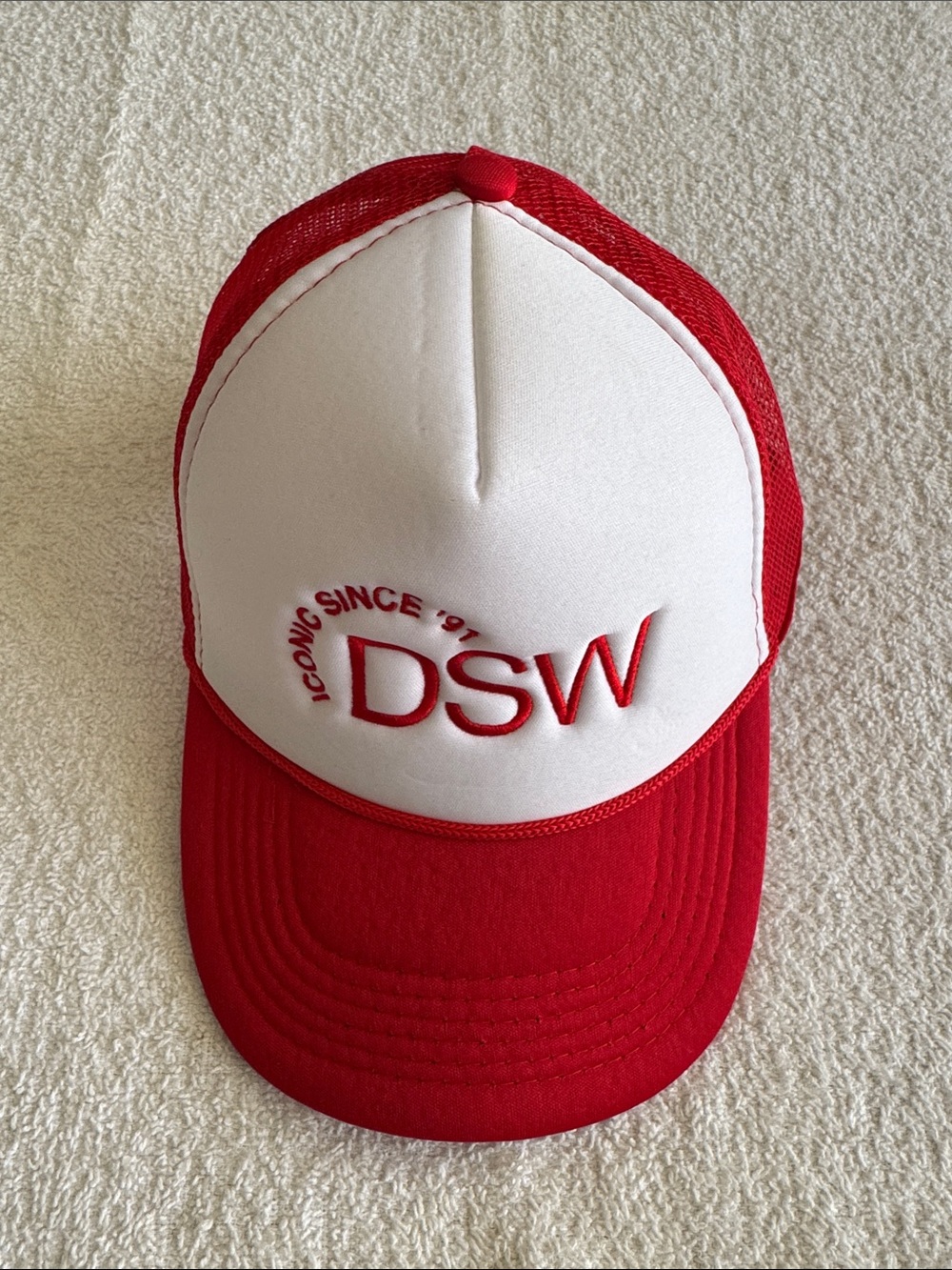 DSW Red and White Mesh Logo Trucker Cap Hat